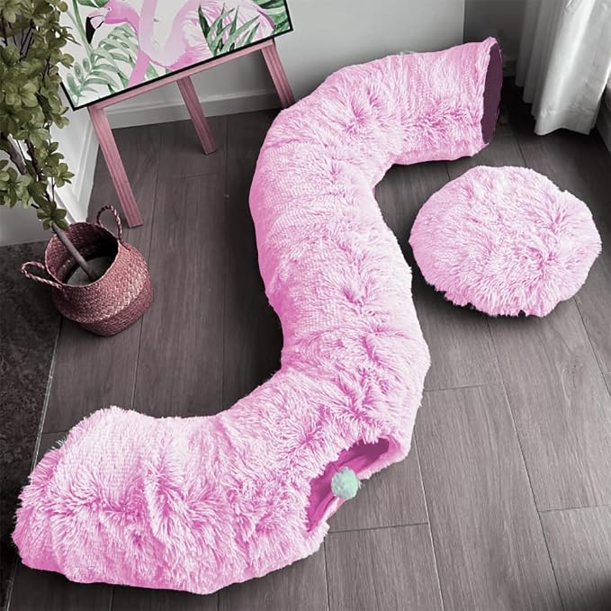 Cat Bed Tunnel Tube Toy Pink Plush Round, Collapsible Pet Tunnels for Indoor Cats, Interactive Toys Play Tubes with Hanging Ball for Kitty, Puppy, Rabbit for Fun Playtime & Exercise