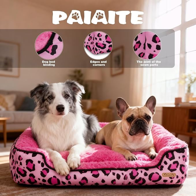Rectangle Washable Dog Bed for Large, Medium & Small Dogs – Soft Calming Puppy Beds, Durable Warm Pet Sofa with Non-Slip Bottom for Indoor Use.Pink M Size (33.5"x33.5"x7.1")