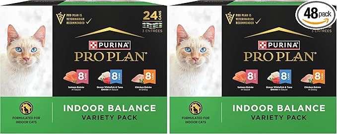 Purina Pro Plan Indoor Balance Chicken,Salmon,and Ocean Whitefish and Tuna Cat Food Wet Entrees Variety Pack - Can,(Pack of 48)