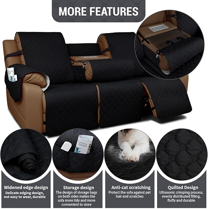 Waterproof Recliner Sofa Covers with Flipped Middle Backrest Washable Recliner Couch Covers Non-Slip with Elastic Straps Furniture Protector for Kid Dogs Pets (Black)