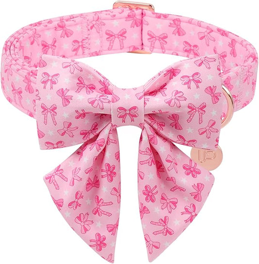 Pink Bow Dog Collar with Bowtie, Adjustable Cotton Puppy Collar with Charm and Metal Buckle, Bowtie Dog Collars for Small Medium Dogs