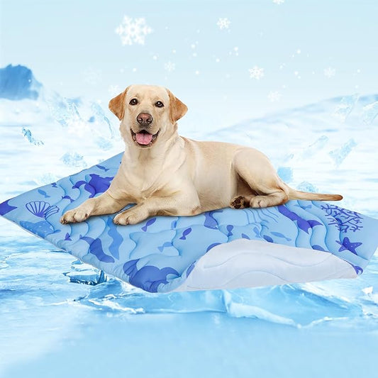 PAWCHIE Summer Dog Cooling Mat, Reversible Self-Cooling Mat for Small Medium Dogs, Washable Pet Ice Cool Pad Blanket, Pet Sleeping Pad for Crate,Bed,Indoor & Outdoor Floor,Car Seats, Blue 36'' x 23''