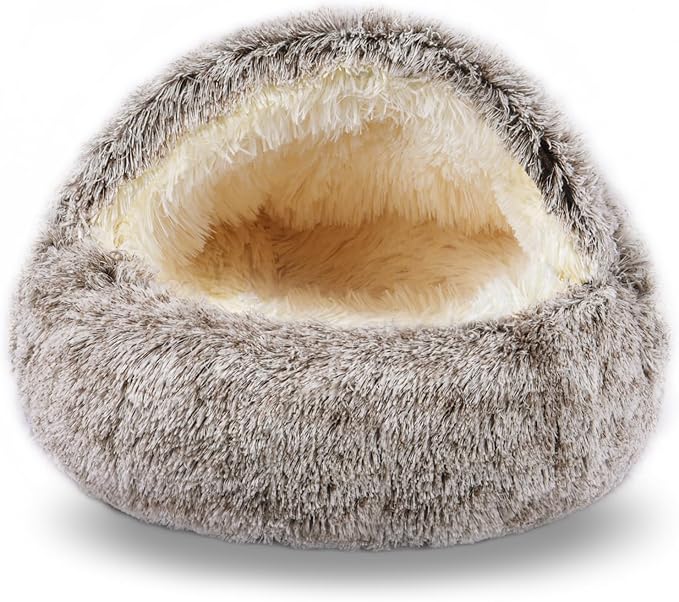 FORMYCATIE Cat Beds for Indoor Cats,Cat Cave for Puppy and Kitty,Calming Small Dog Bed for Small Dogs with Cover Cave,Cozy Warming Fluffy Washable Anti-Slip Pet Sleeping Bag(24 * 24inch,Khaki)