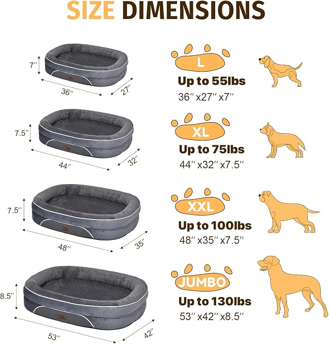 Orthopedic Dog Bed for Extra Large Dogs, XL Waterproof Dog Bed with Bolsters, Supportive Egg Crate Foam Pet Couch Bed with Removable Washable Cover & Non-Slip Bottom, Dark Grey