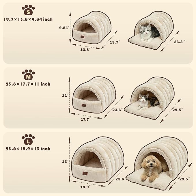 Covered Cat Bed Cave for Indoor Cats, 2-in-1 Enclosed Pet Bed for Small Dogs and Kittens with Zippered Washable Cat Mats, Cat House Bed, Beige
