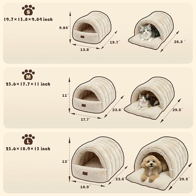 Covered Cat Bed Cave for Indoor Cats, 2-in-1 Enclosed Pet Bed for Kittens with Zippered Washable Cat Mats, Cat House Bed, Beige
