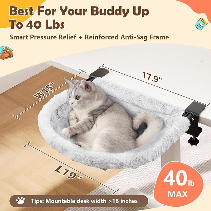 X-Large Cat Desk Bed | 19"x15" Spacious Retreat, Dual Clamps & Sunken Hammock Design, Comfy Cat Desk Hammock with Faux Rabbit Fur Cover, Removable & Washable, Holds Up to 40lbs