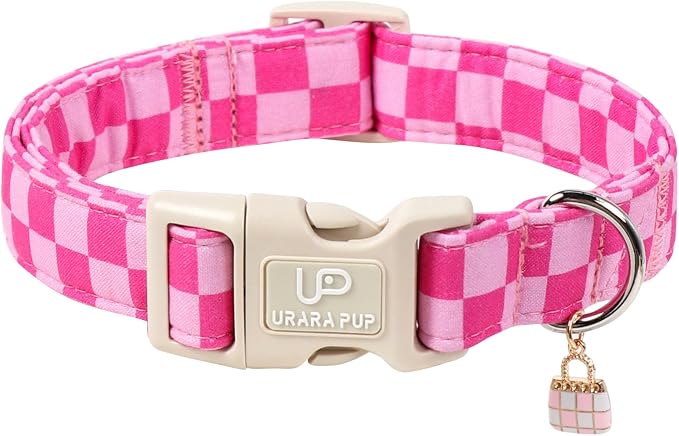 Summer Dog Collar, Pink Checkered Cotton Dog Collar with Quick Release, Gift Pink Collars for Small Medium Large Girls or Boys Dogs Cute Durable Comfortable Pet Collars