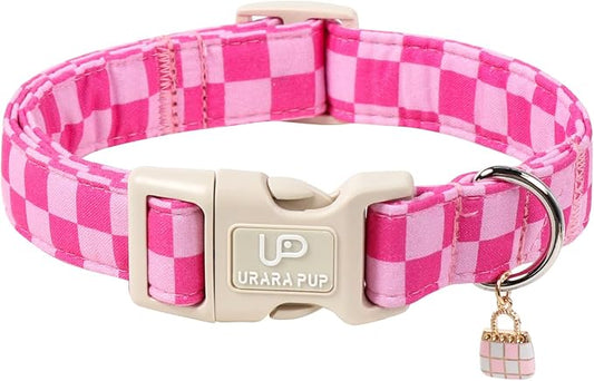 Summer Dog Collar, Pink Checkered Cotton Dog Collar with Quick Release, Gift Pink Collars for Small Medium Large Girls or Boys Dogs Cute Durable Comfortable Pet Collars