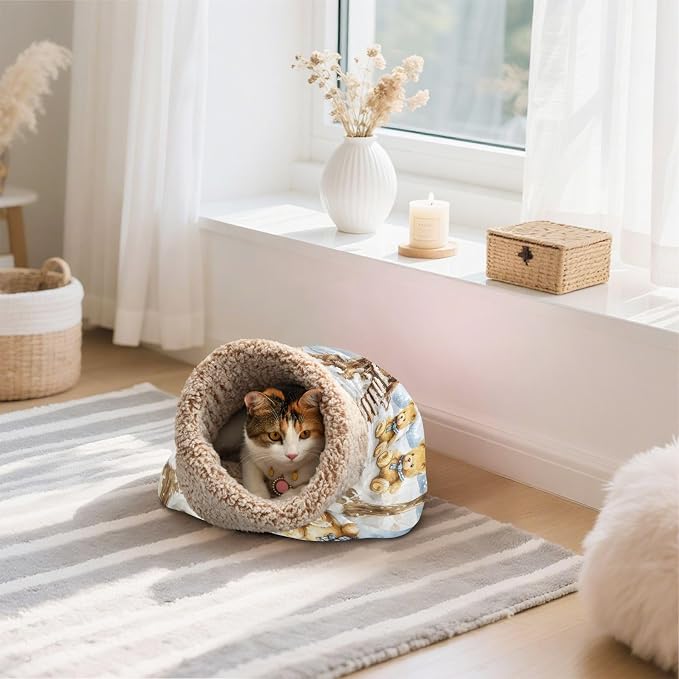 Upgraded Self-Heating Cat Sleeping Bag, 360° Cozy Plush Snuggle Cave for Indoor Cats & Small Dogs, Semi-Enclosed Anxiety Relief Bed with Fleece Lining (19’’x23’’, Christmas Snow Treehouse)