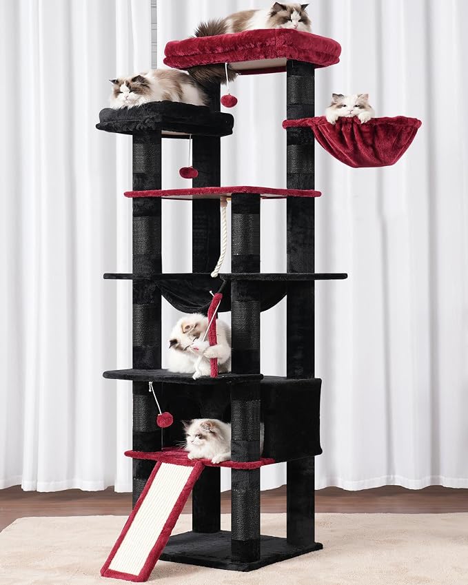 Heybly Tall Cat Tree, 78-inch Multi-Level Cat Tower for Indoor Cats, 2 Widened Plush Perches Cat Condo with Scratching Board and Big Caves, Black and Red HCT033BR