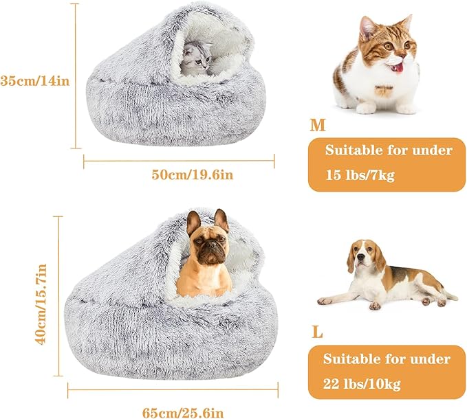 SUOXU Cat Beds for Indoor Cats,Plush Hooded Cat Cave for Puppy Kitty Small Dog Bed,Removable Washable Non-Slip Bottom Self Warming Round Fluffy Faux Fur Super Soft Calming Sleeping Pet Bed(Gray)