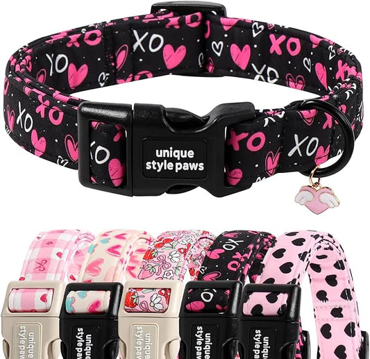 Unique Style Paws Valentine Dog Collar Plastic Buckle with Pendant BlackBerry Love Heart Cotton Puppy Collars for Small Medium Large Dogs