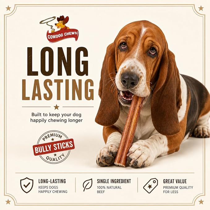 Cowdog Chews Beef Bully Stick: Odor-Free, Fully Digestible Beef Collagen Chews (9-12", 25 Count) - Natural, Grain-Free, Long-Lasting Collagen Bully Stick Substitute for All Dog Breeds
