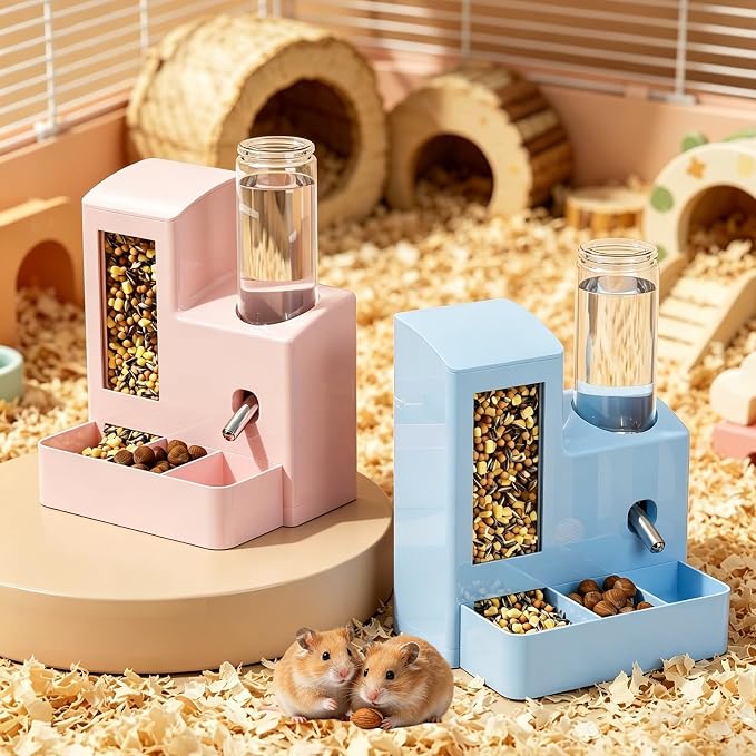 Hamster Water Bottle and Food Bowl, No Drip 2-in-1 Automatic Feeder and Waterer, Gravity Self Feeding Guinea Pig Feeder for Small Pets, Hamster Cage Accessories, 5.51 x 4.33 x 6.49 Inch