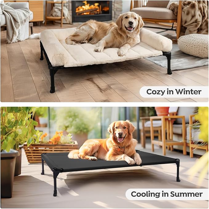 Veehoo Orthopedic Elevated Dog Bed with Fluffy Plush Bolster Cushion, Indoor Raised Dog Beds for Large Dogs, Soft Pet Sofa Cot with Removable Washable Mat, No-Slip Feet, 32 x 25 inches, Cream White