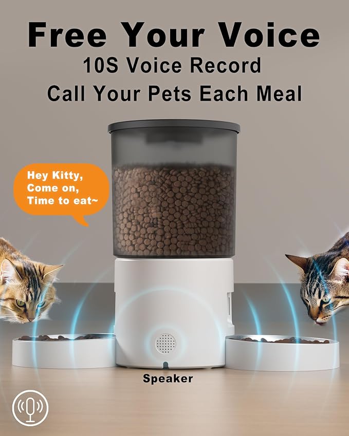 Automatic Cat Feeder 2 Cats, 4.2L Dry Food Auto Dispenser with Double Bowls,Dual Power Supply,Programmable Portion Control,10s Voice Recorder(Black,Stainless Steel Bowls) (Transparent+White)