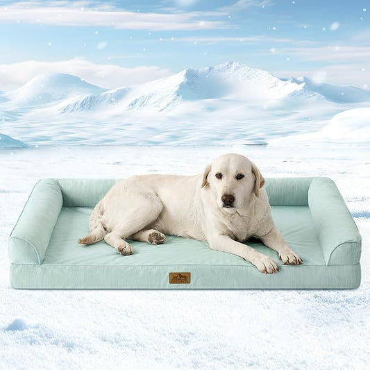 COZY KISS Cooling Dog Bed for Extra Large Dogs, 48"x32" Orthopedic Foam Sofa with Bolster Sides, Q-Max >0.4 Cooling Technology, Cool Pet Bed with Removable Washable Cover, Green