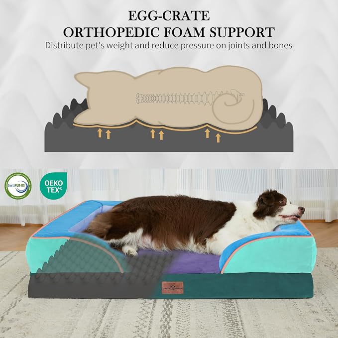 Comfort Expression Orthopedic Dog Bed for Large Dogs 36x27 Inch, Waterproof Egg Crate Foam Large Pet Bed with Bolsters, Dog Couch with Washable Cover & Non-Slip Bottom, Violet Tide