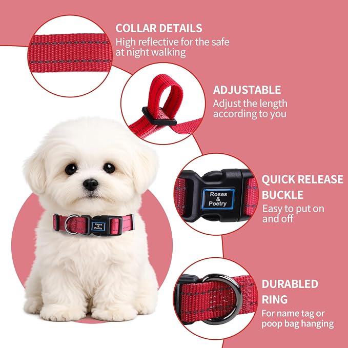 Roses&Poetry Dog Collars for Medium Dogs, Adjustable Durable Pet Reflective Dog Collar for Small Medium Large Dogs(Rosepink-M)