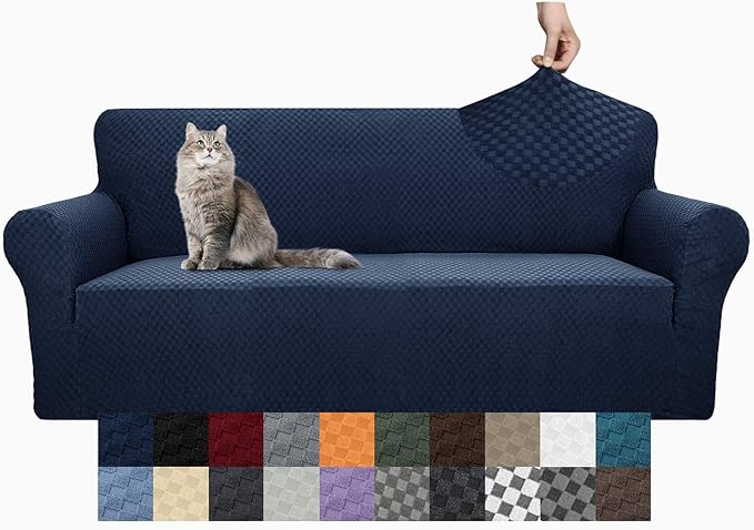 YEMYHOM Couch Cover Latest Jacquard Design High Stretch Sofa Covers for 3 Cushion Couch, Pet Dog Cat Proof Slipcover Non Slip Magic Elastic Furniture Protector (Large, Navy)