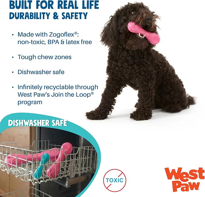 WEST PAW Zogoflex Hurley Dog Bone Chew Toy – Floatable Pet Toys for Aggressive Chewers, Catch, Fetch – Bright-Colored Bones for Dogs – Recyclable, Dishwasher-Safe, Non-Toxic, X-Small, Teal