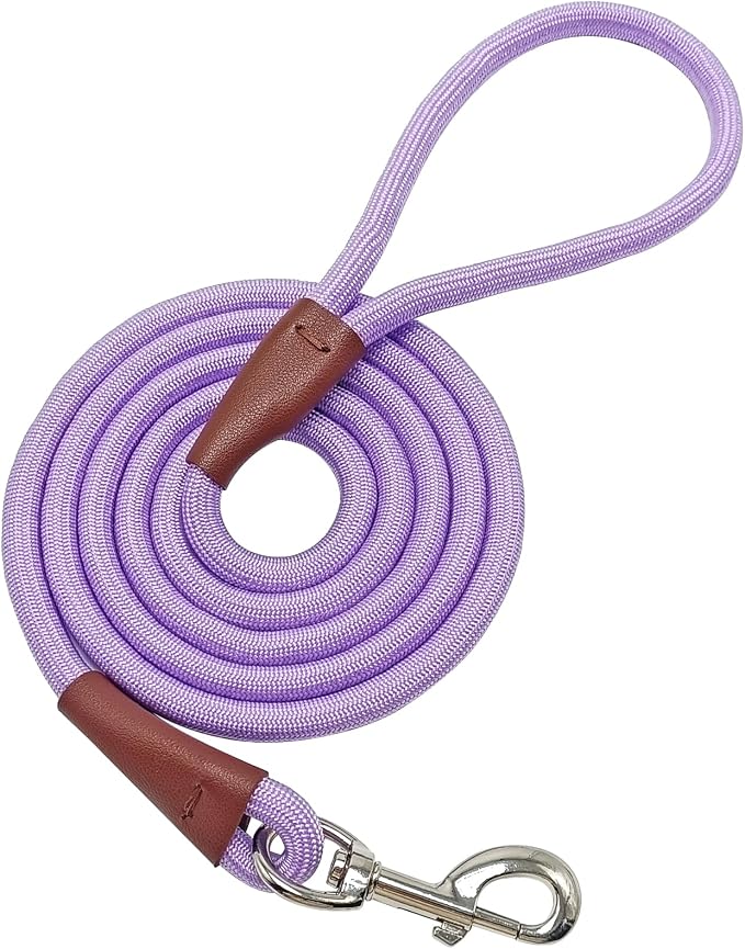 MayPaw 6/8 /10 FT Dog Leash, Classic Solid Colors, Strong Nylon Rope Dog Leash Reinforced with Leather Tailor Connection Heavy Duty Silver Clasp (Purple, 10ft*1/2")