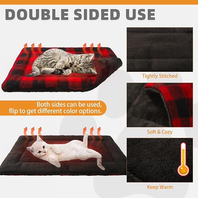 KOOLTAIL Self Warming Cat Bed, Christmas Plaid Pet Heated Pad for Indoor Outdoor Cats, Soft Thermal Double Used Warm Dog Mat, Washable Kitten Puppy House Blanket for Floor, Window Perch, Desk, Red