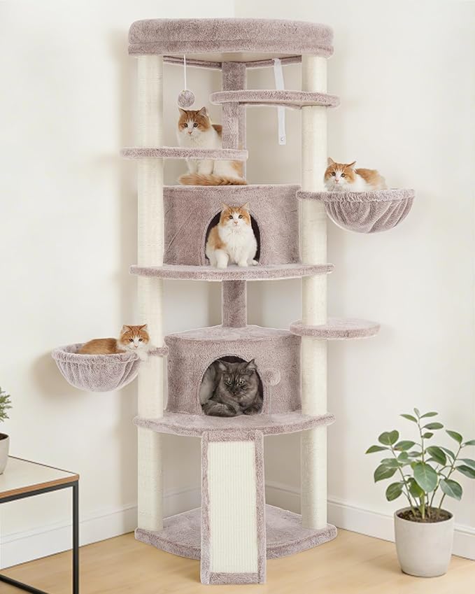 Gitelsnour Corner Cat Tree for Indoor Cats, Cat Tower with All Sisal Scratching Posts, Multi-Level Cat Condo wth 2 Large Cat Caves, Big Top Perch, 2 Hanging Baskets, Sisal Ramp, Mushroom GCT035MU