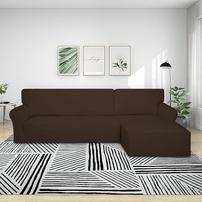 PureFit Super Stretch Sectional Couch Covers - 2 pcs Spandex Non Slip Sofa Covers with Elastic Bottom for L Shape Sectional Sofa Couch, Great for Kids & Pets (3 Seat Sofa + 2 Seat Chaise, Coffee)