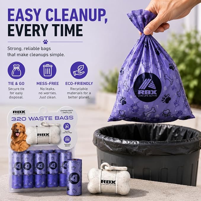 RBX Dog Poop Bags Rolls with Dog Poop Bag Holder for Leash, 320 Poop Bags for Dogs with Clip-On Dispenser, Durable Leak-Proof Dog Waste Bags, 16 Refill Rolls, Recyclable Material