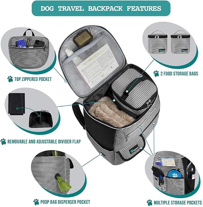 PetAmi Dog Travel Bag Backpack, Airline Approved Dog Bags for Traveling, Puppy Diaper Bag Supplies, Pet Camping Essentials Hiking Accessories Gift, Food Container, Collapsible Bowls, Stripe Black