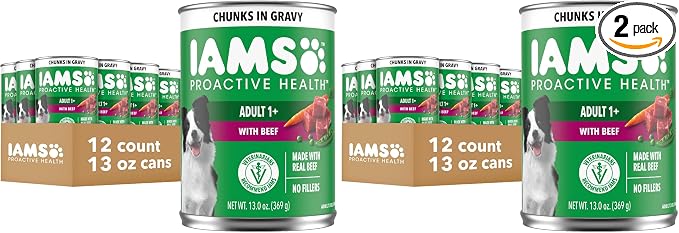 IAMS Proactive Health Wet Dog Food Adult, Canned Dog Food, Beef, Rice, Carrots & Green Beans Chunks in Gravy, 13 oz. Cans 12 Count (Pack of 2)