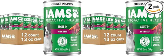 IAMS Proactive Health Wet Dog Food Adult, Canned Dog Food, Beef, Rice, Carrots & Green Beans Chunks in Gravy, 13 oz. Cans 12 Count (Pack of 2)