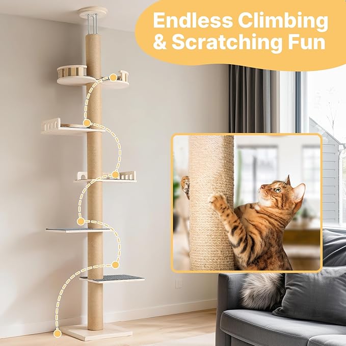 Veehoo Floor to Ceiling Cat Tree, Adjustable Height (5.1-9.4 ft) Tall Climbing Tower with Sisal Scratching Posts, Modern Cat Activity Tree for Indoor Cats