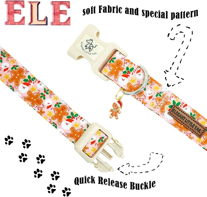 Elegant little tail Christmas Dog Collar - Pink Gingerbread Man Print Cotton Soft Plastic Buckle Sturdy Puppy Collars Holiday Female or Male Adjustable Collar for Large Dogs