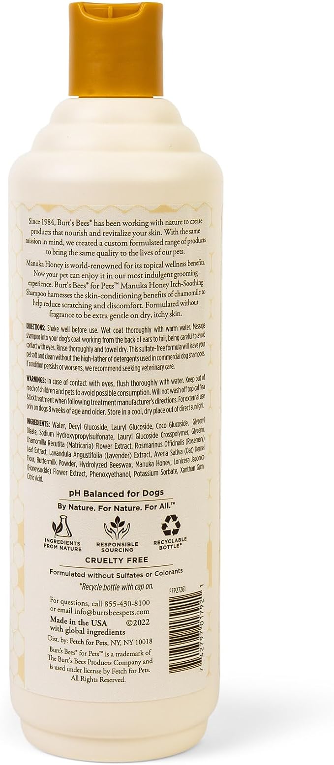 BURT'S BEES FOR PETS Itch Relief Shampoo for Dogs, Manuka Honey & Chamomile, Soothes Itchy Skin, pH Balanced for Dogs & Puppies, Will Not Wash Off Flea Treatments, Fragrance-Free, 16 Fl Oz