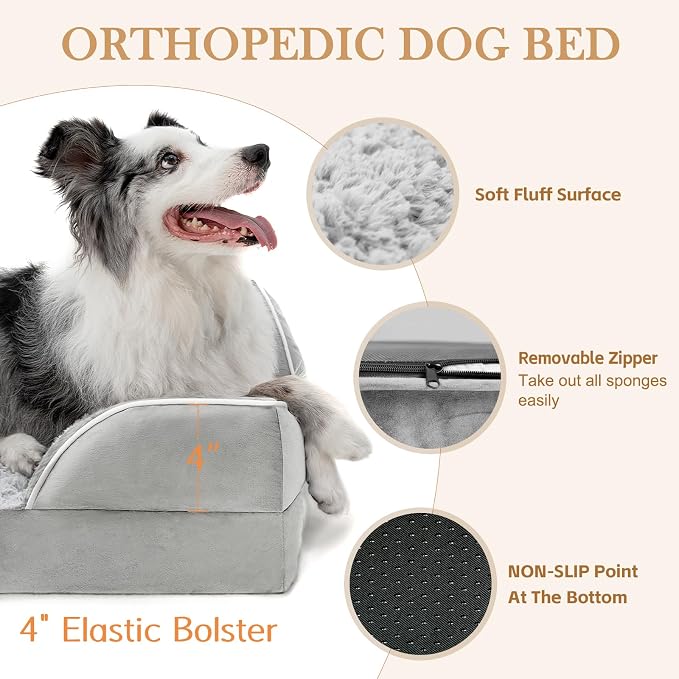Comfort Expression Orthopedic Dog Bed for Medium Dogs 30x20 Inch, Waterproof Egg Crate Foam Medium Pet Bed with Removable Bolsters, Dog Couch with Washable Cover & Non-Slip Bottom, Grey White