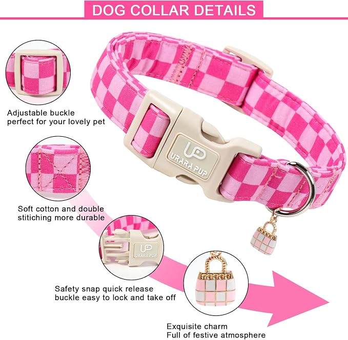 Summer Dog Collar, Pink Checkered Cotton Dog Collar with Quick Release, Gift Pink Collars for Small Medium Large Girls or Boys Dogs Cute Durable Comfortable Pet Collars