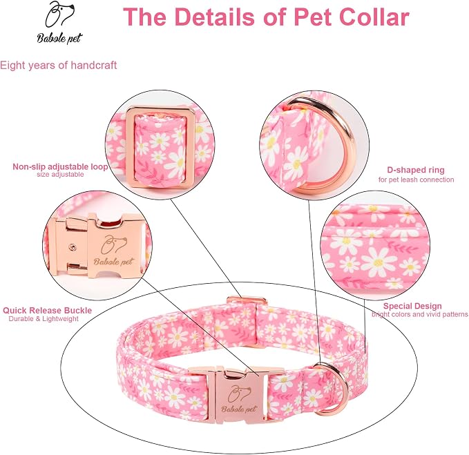 Dainty Daisy Dog Collar, Spring/Summer Pink Floral Girl Dog Collars, Adjustable Heavy Duty Cottagecore Female Dogs Collar for Small Medium Large Dogs with Metal Buckle S