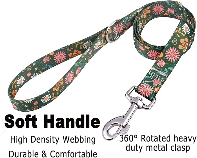 Mihqy Dog Collar and Leash Set with Bohemia Floral Tribal Geometric Patterns - Soft Ethnic Style Collar Adjustable for Small Medium Large Dogs(Dark Green Flower Set,XS)