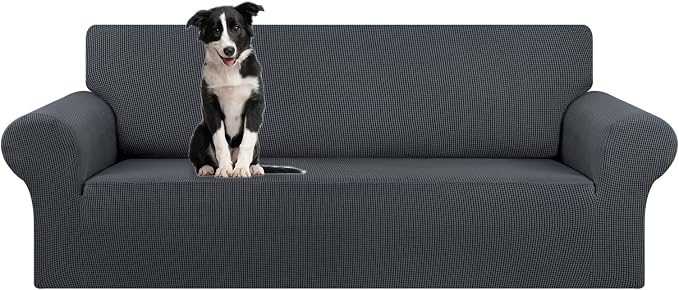 KEKUOU Stretch Oversized Sofa Slipcover 1 Piece Couch Sofa Cover (94"-110") Furniture Protector 4 Seater Sofa with Elastic Bottom for Kids,Pet.Jacquard Checked Pattern Fabric(X Large,Charcoal)