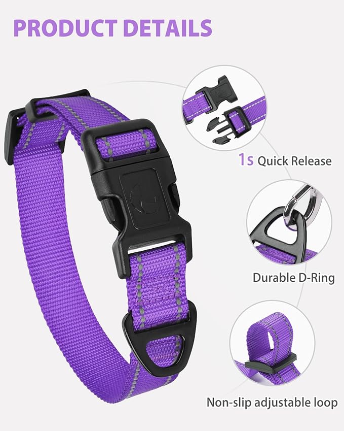 Joytale Extra Large Dog Collar, Wide Double-Sided Reflective Nylon Collar for Night Safety, Adjustable Quick-Release for Gentle Giants, Purple, XL (1 1/4" Width)