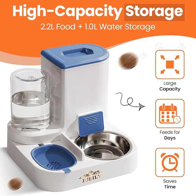 Automatic Cat Feeder & Water Dispenser – Gravity Cat Feeding Station with Stainless Steel Bowl, 2.2L Food & 1L Water Capacity, Automatic Pet Feeder for Cats & Small Dogs (Blue)