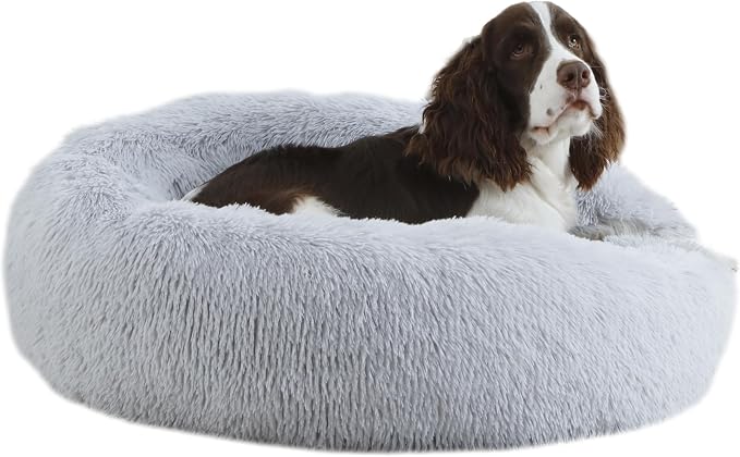 Bunlitent Calming Dog Bed Medium Size Dogs,30'' inch Plush Anti-Anxiety Donut Dog Bed for Medium Large Dogs, Warming Cozy Round Cuddler Nest Pet Bed, Grey