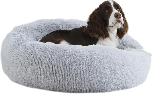 Bunlitent Calming Dog Bed Medium Size Dogs,30'' inch Plush Anti-Anxiety Donut Dog Bed for Medium Large Dogs, Warming Cozy Round Cuddler Nest Pet Bed, Grey