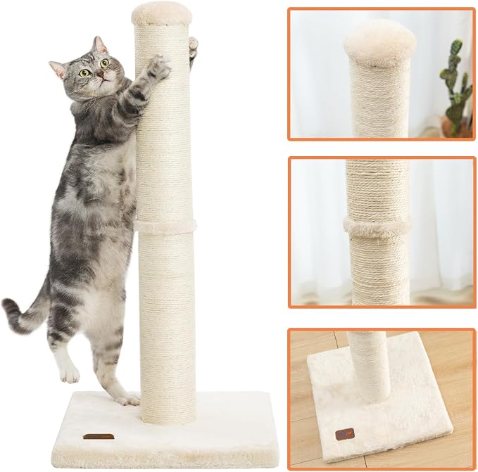 Karolpar 34inch Cat Scratching Post with Natural Sisal Rope 4.3Inch Large Diameter Scratcher Post Tree for Indoor Cats Beige