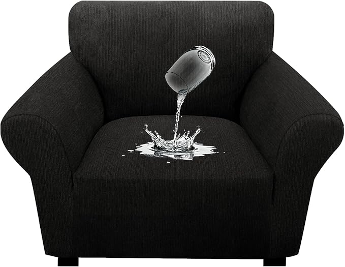 Waterproof Stretch Spandex Chair Sofa Slipcover,Washable Non-Slip Soft Couch Cover with Elastic Bottom, Leakproof Furniture Protector for Kids, Pets, Dogs & Cats (Chair, Black)