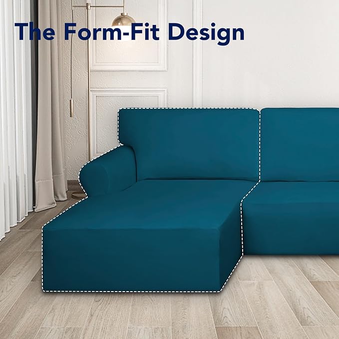 PureFit Super Stretch Sectional Couch Covers - 2 pcs Spandex Non Slip Sofa Covers with Elastic Bottom for L Shape Sectional Sofa Couch for Kids & Pets (3 Seat Sofa + 2 Seat Chaise, Peacock Blue)