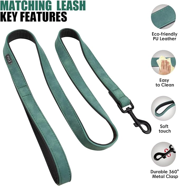 Didog Soft Padded Leather Dog Collar and Leash Set, Adjustable Dog Lead and Collar Set with Metal Buckle, Breathable Pet Collars with 4FT PU Leather Leash for Small Medium Dogs, Green, M